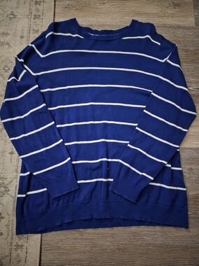 Calvin Klein Blue and White Striped Crewneck Sweater